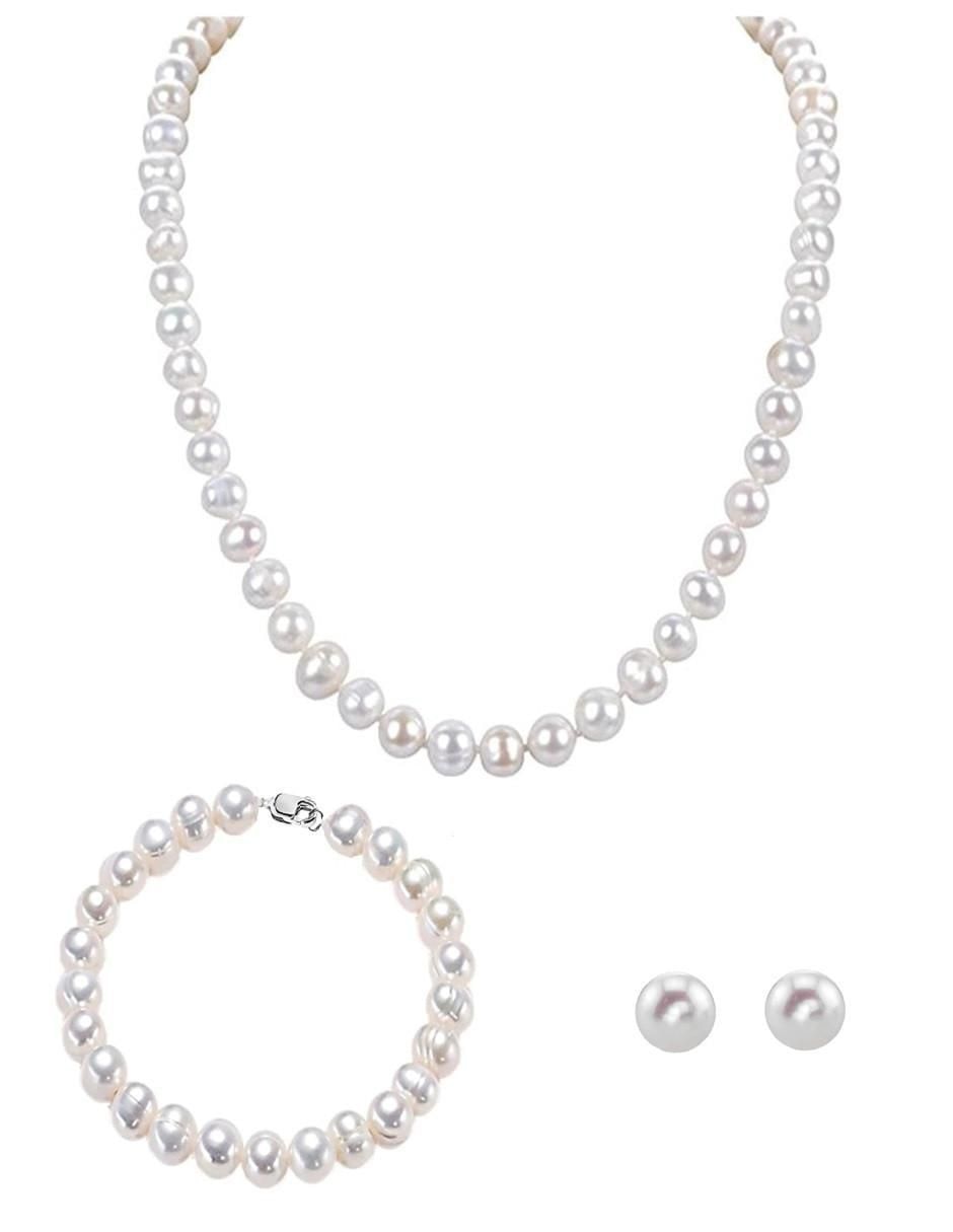 Aretes, collar y pulsera de plata P925 perla Aretes, collar y pulsera de plata P925 perla