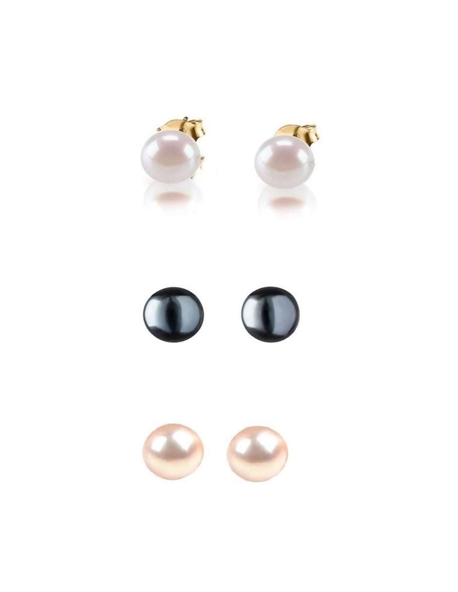Set de aretes redondos de oro amarillo con acabado brillante perla Set de aretes redondos de oro amarillo con acabado brillante perla