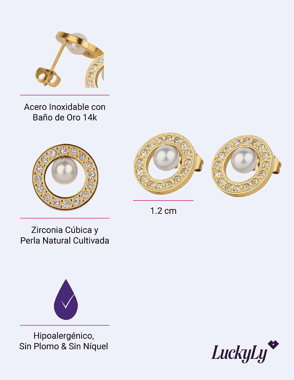 Aretes circulares Emy con acabado baño de oro perla 6