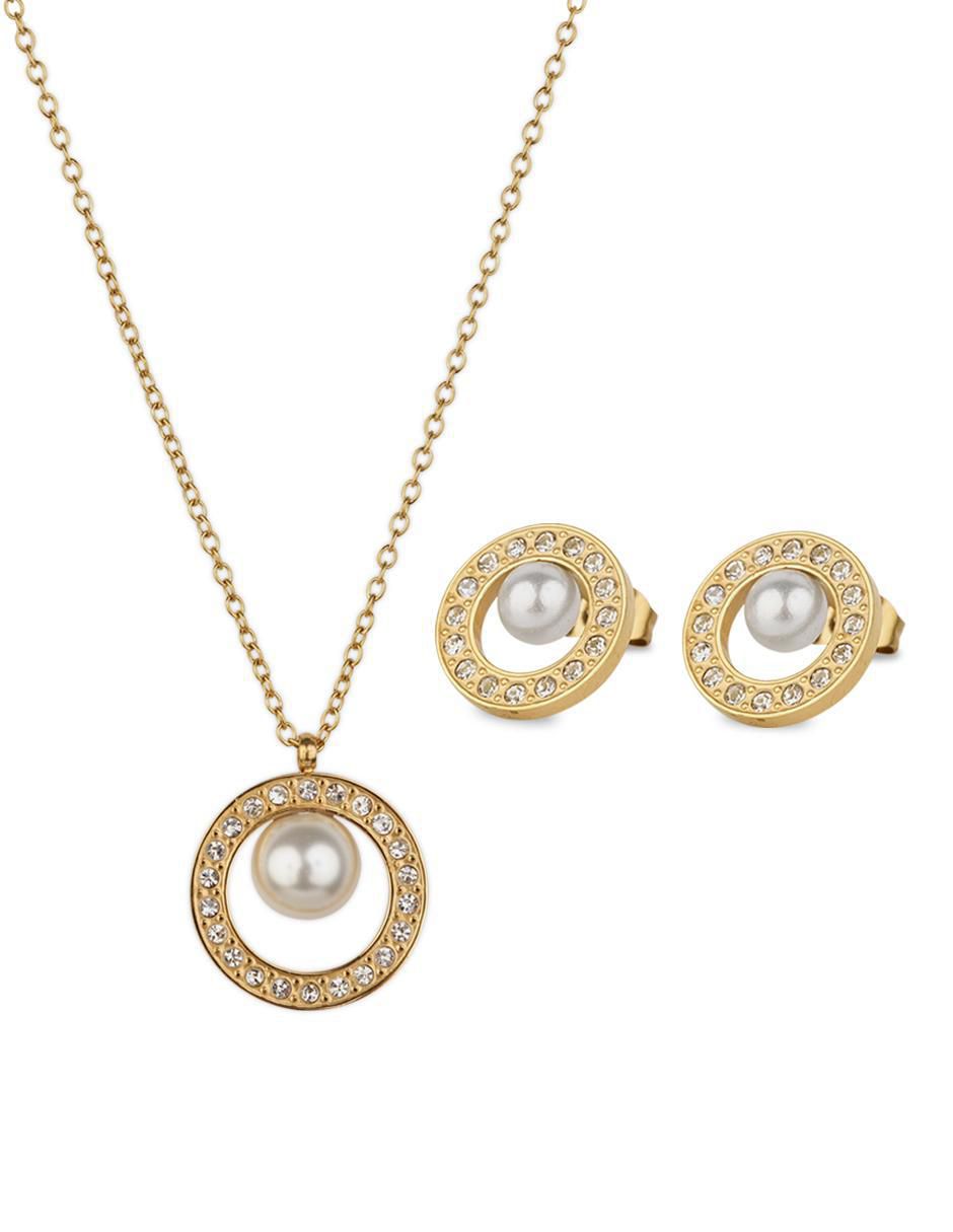 Set de collar y aretes Emy baño de oro 14 K perla
