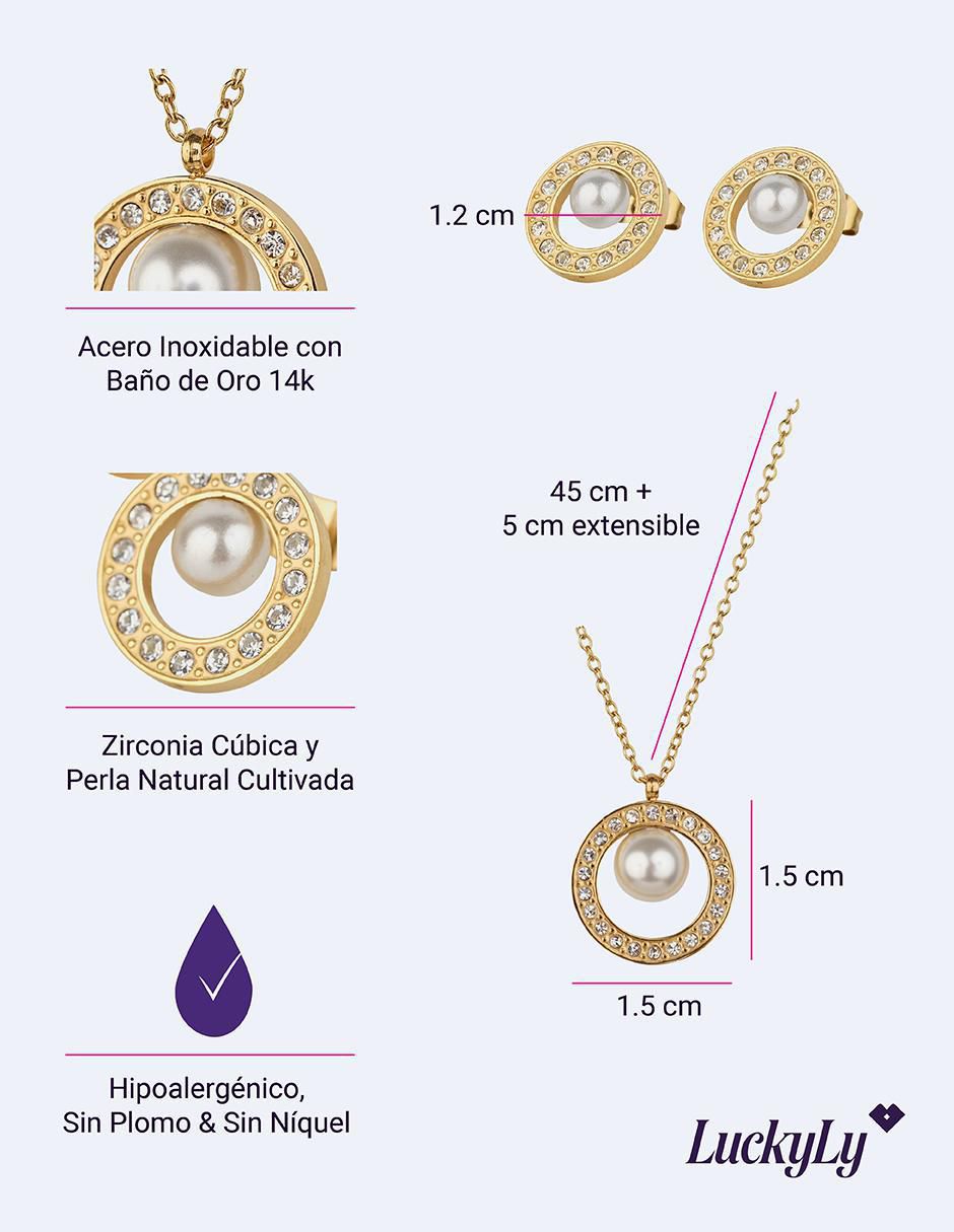 Set de collar y aretes Emy baño de oro 14 K perla 10