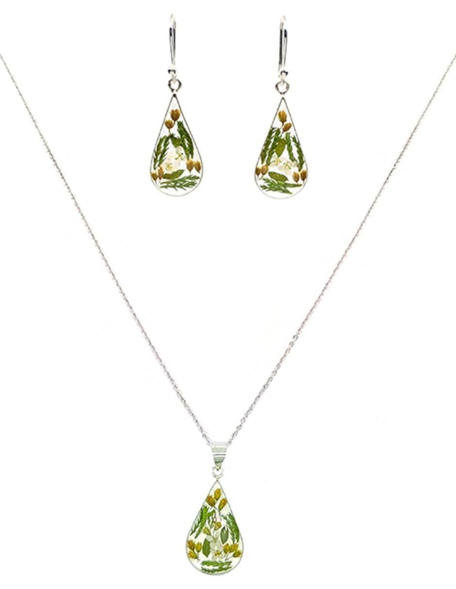 Aretes y collar degota Follaje Verde de plata P925