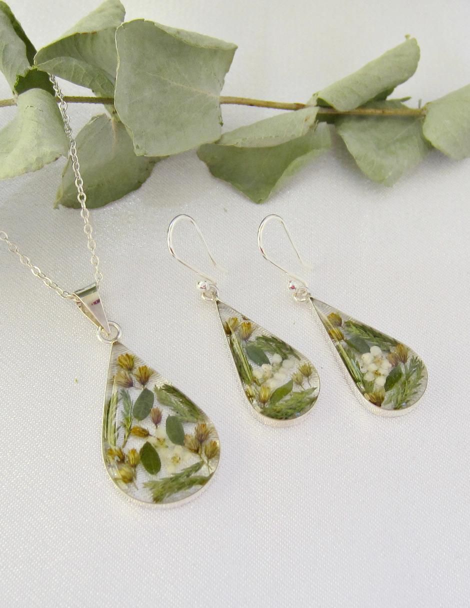 Aretes y collar degota Follaje Verde de plata P925 4