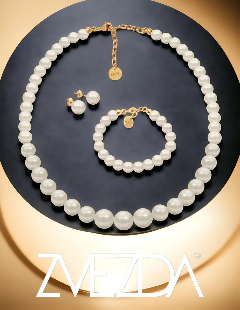 Aretes, collar y pulsera Aurore 18 k perla de cristal 8