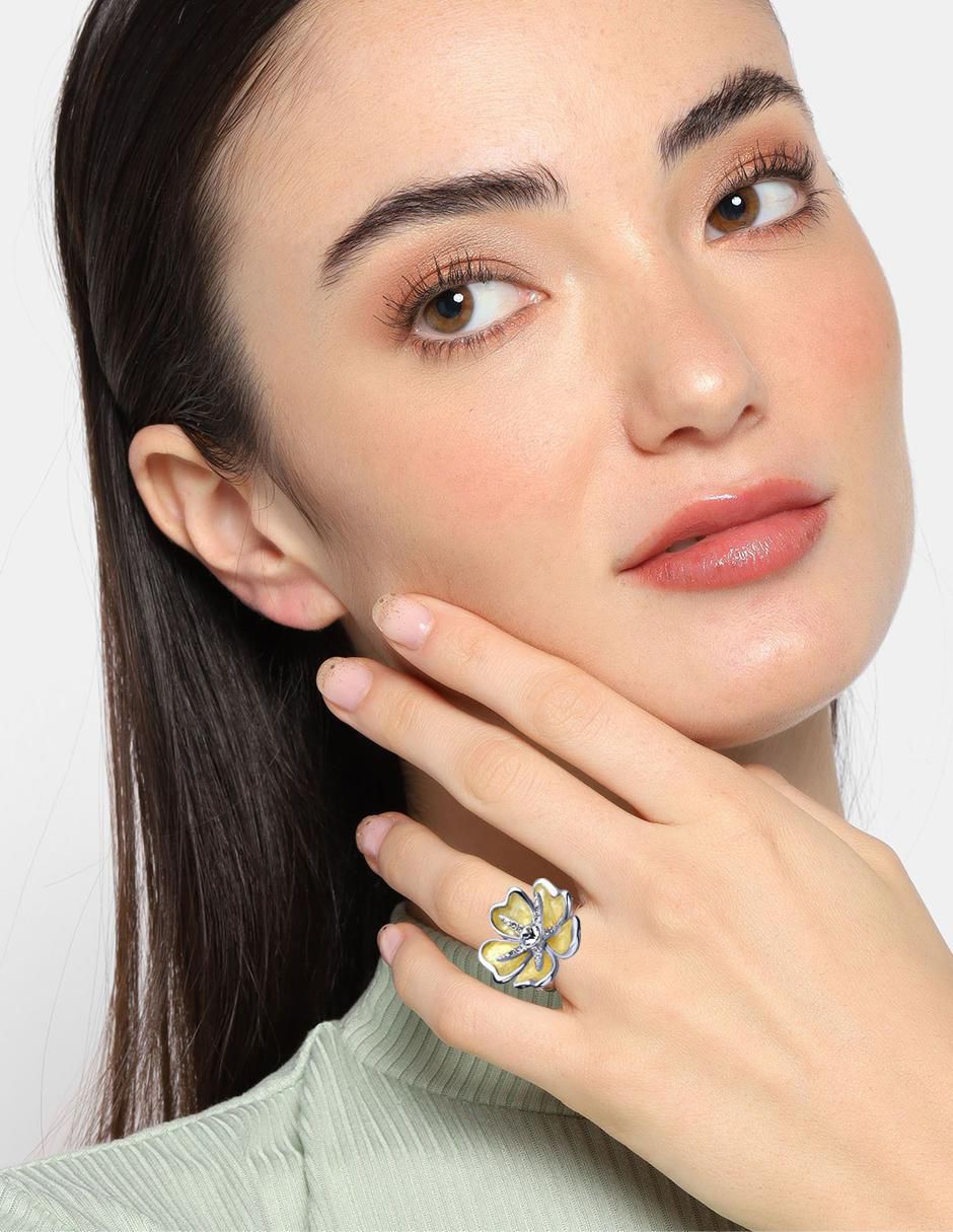Anillo multi gemas de flor Elegance cristal con acabado baño de oro blanco 3