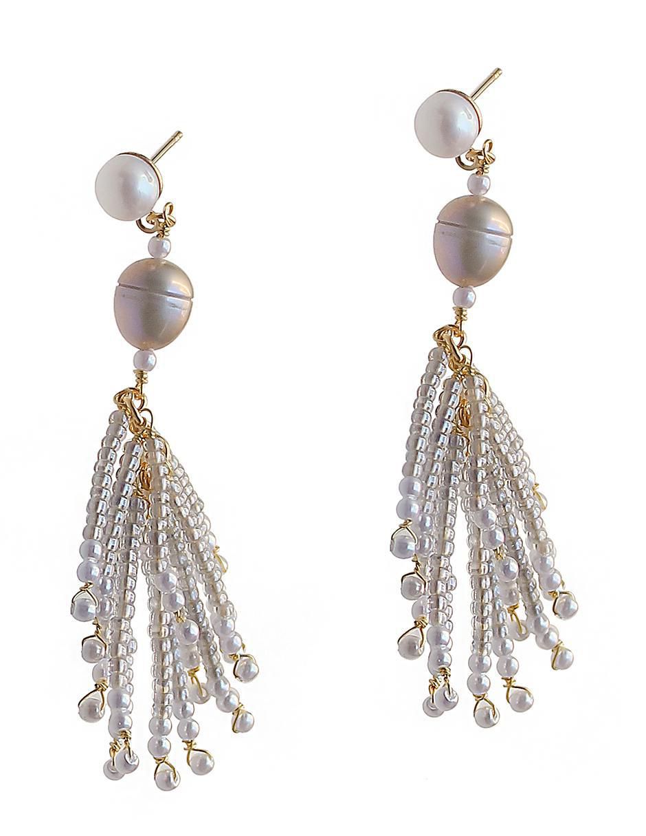 Aretes de borla con acabado chapa de oro perla 2