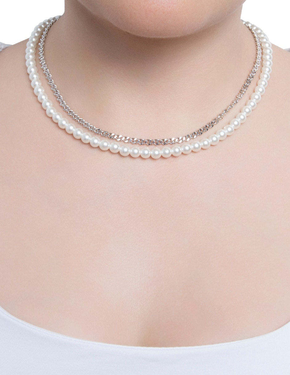 Collar de varios hilos Perla Y Cadena Diamantada 3