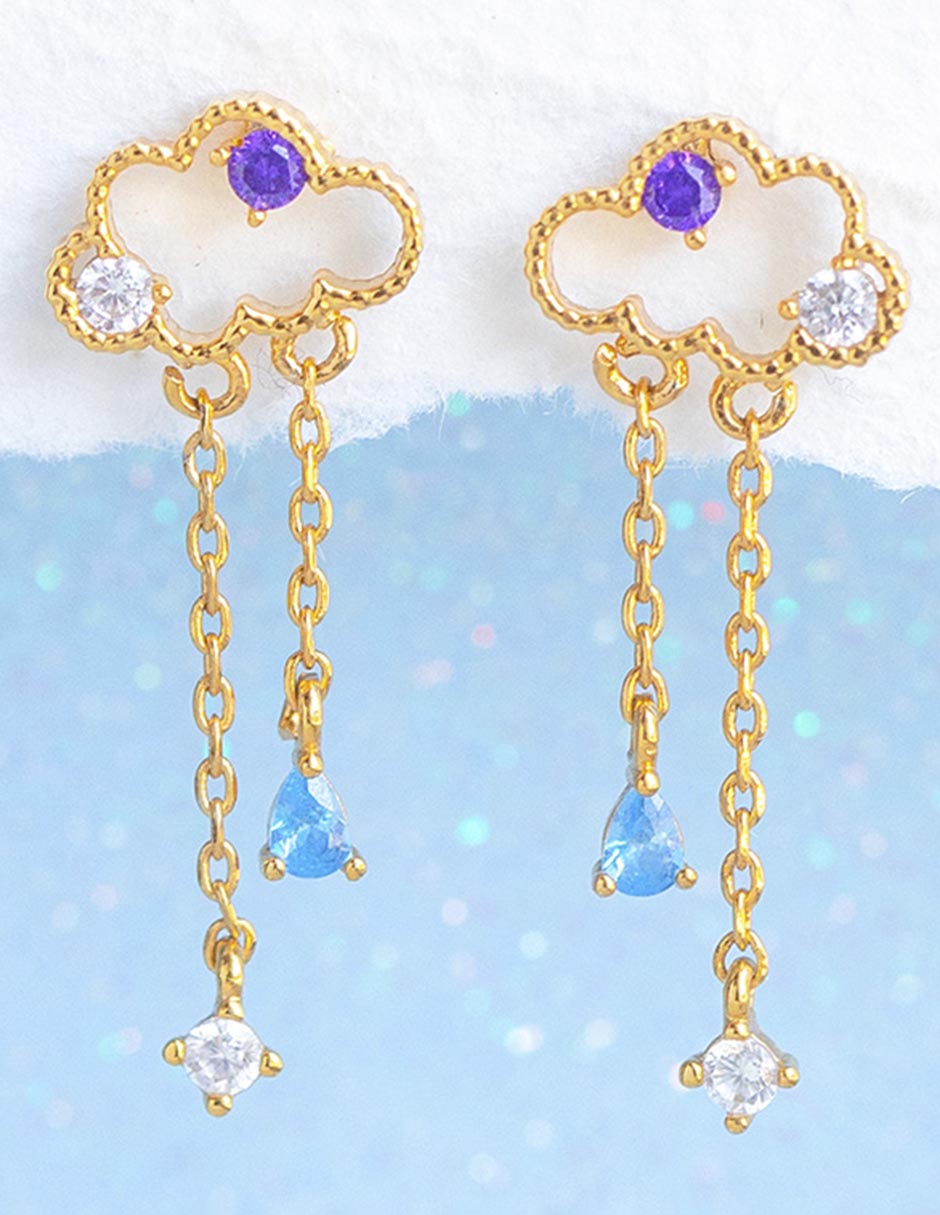 Aretes largos de nube Reigning Clouds 18 k con acabado chapa de oro zirconia cúbica 3