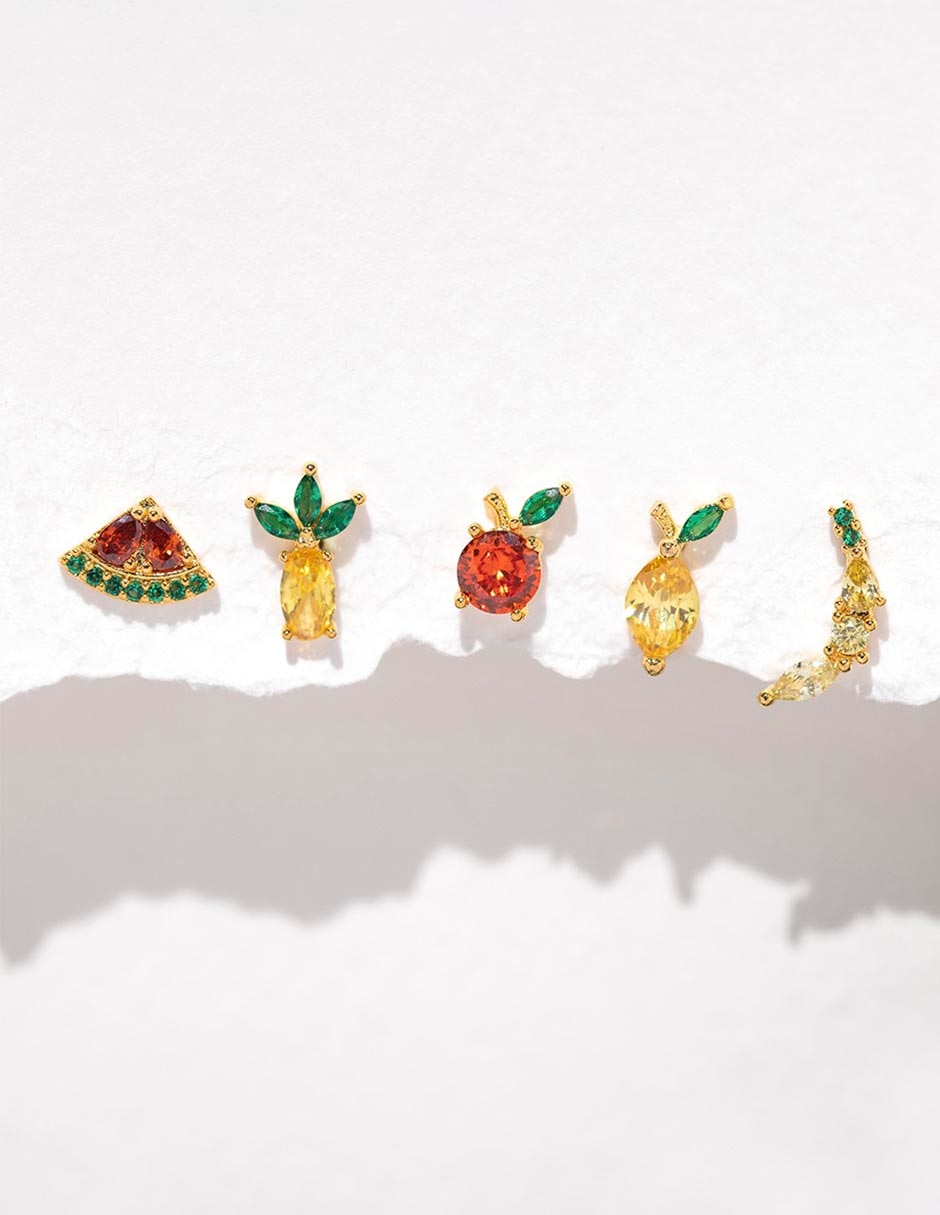 Set de aretes de frutas Basket 18 K con acabado chapa de oro zirconia cúbica 2