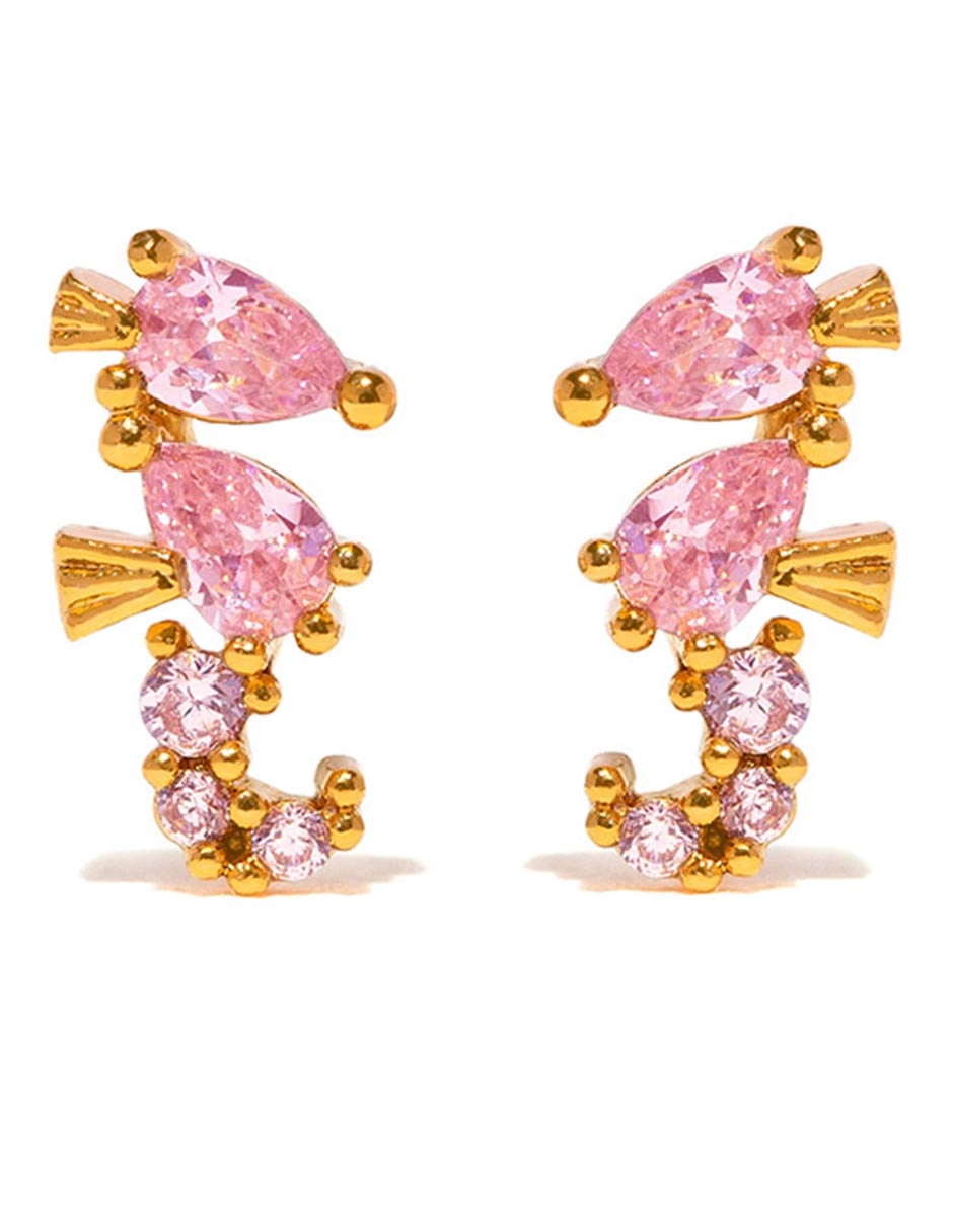 Aretes cortos de caballito de mar Animals 18 K con acabado chapa de oro zirconia cúbica Aretes cortos de caballito de mar Animals 18 K con acabado chapa de oro zirconia cúbica