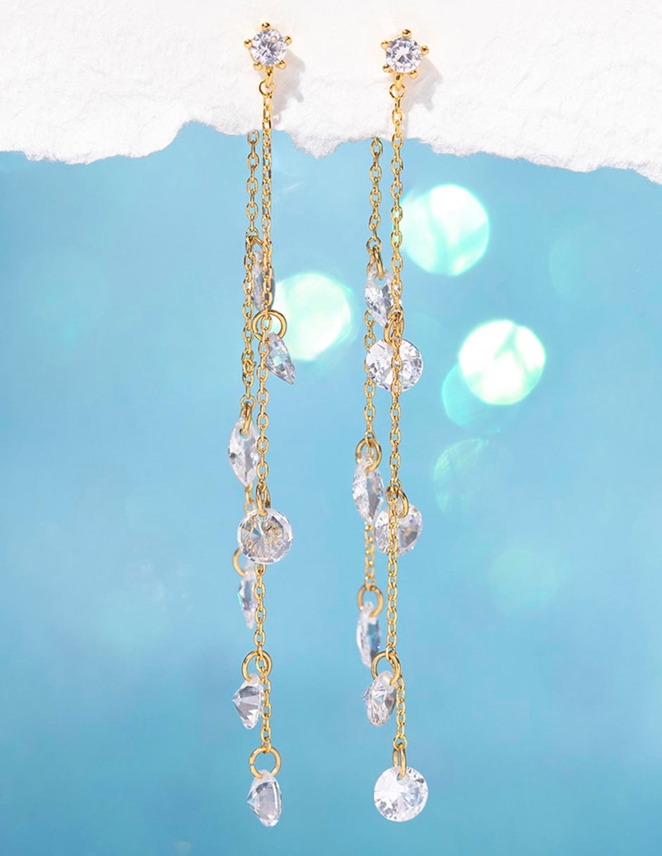 Aretes largos 18 k con acabado chapa de oro zirconia cúbica 3