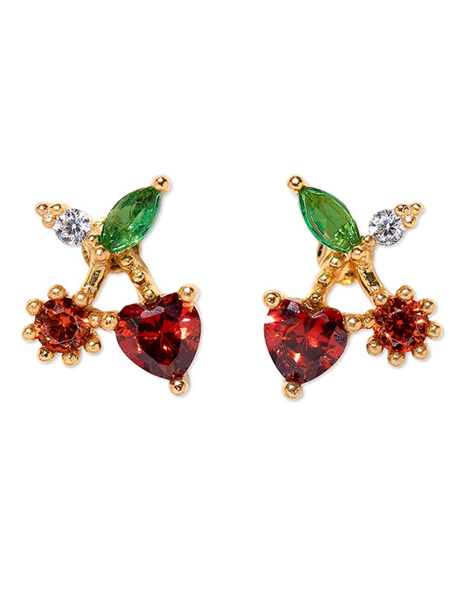 Aretes cortos de cereza Fuit 18 K con acabado chapa de oro zirconia cúbica