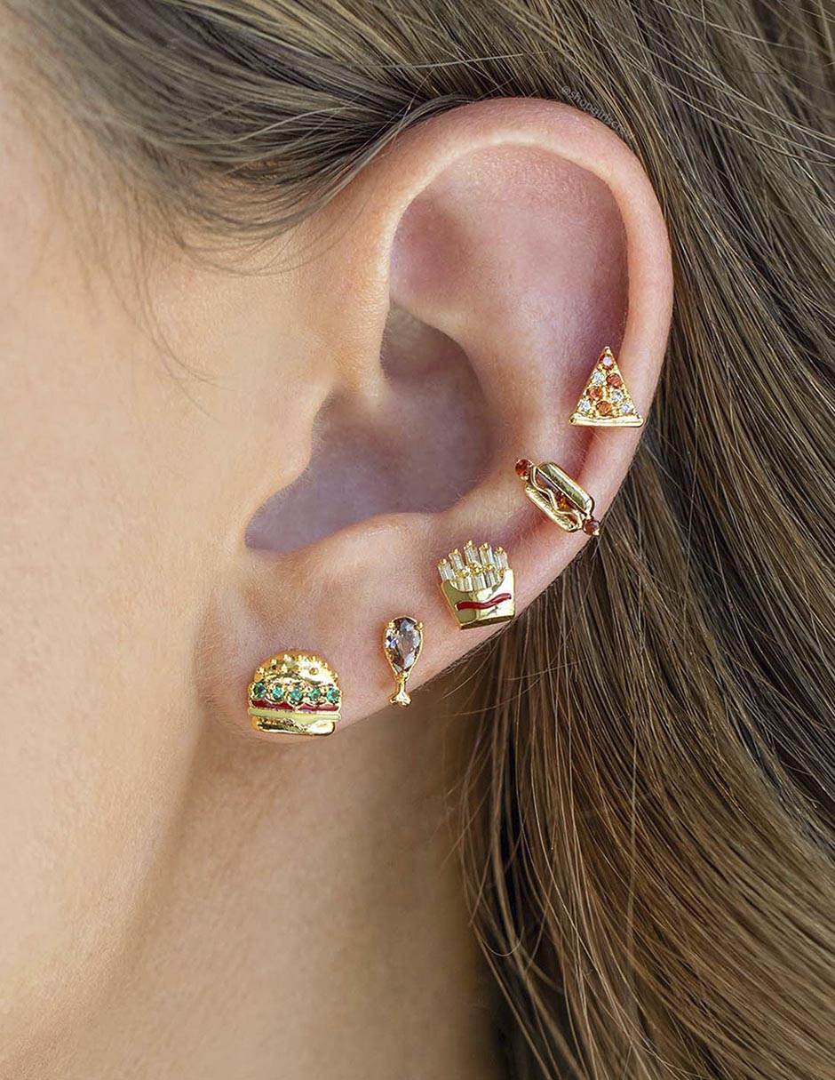 Aretes huggies Hot Dog 18 k con acabado chapa de oro zirconia cúbica 2