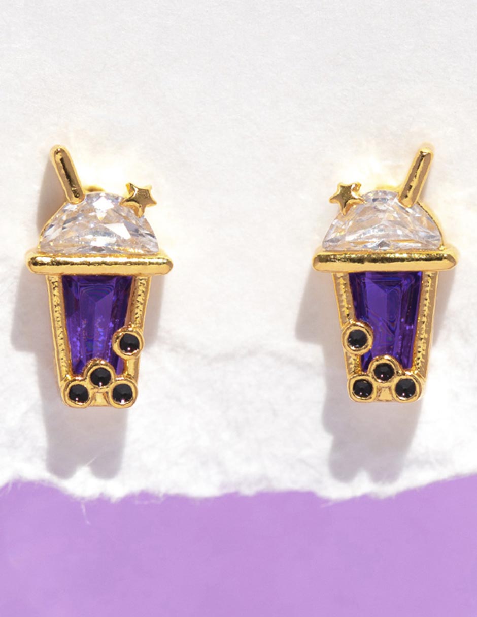 Aretes cortos de boba Food 18 K con acabado chapa de oro zirconia cúbica 2