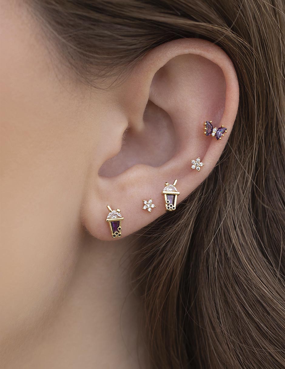 Aretes cortos de boba Food 18 K con acabado chapa de oro zirconia cúbica 3