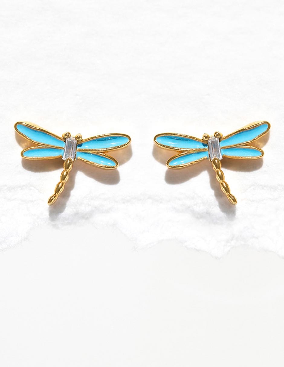Aretes huggies de libélula Dragonfly 18 k con acabado chapa de oro zirconia cúbica 2