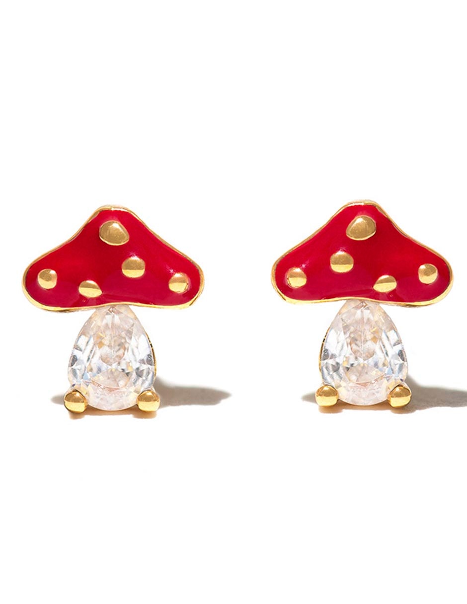 Arete corto de hongo Garden 18 K con acabado chapa de oro zirconia cúbica