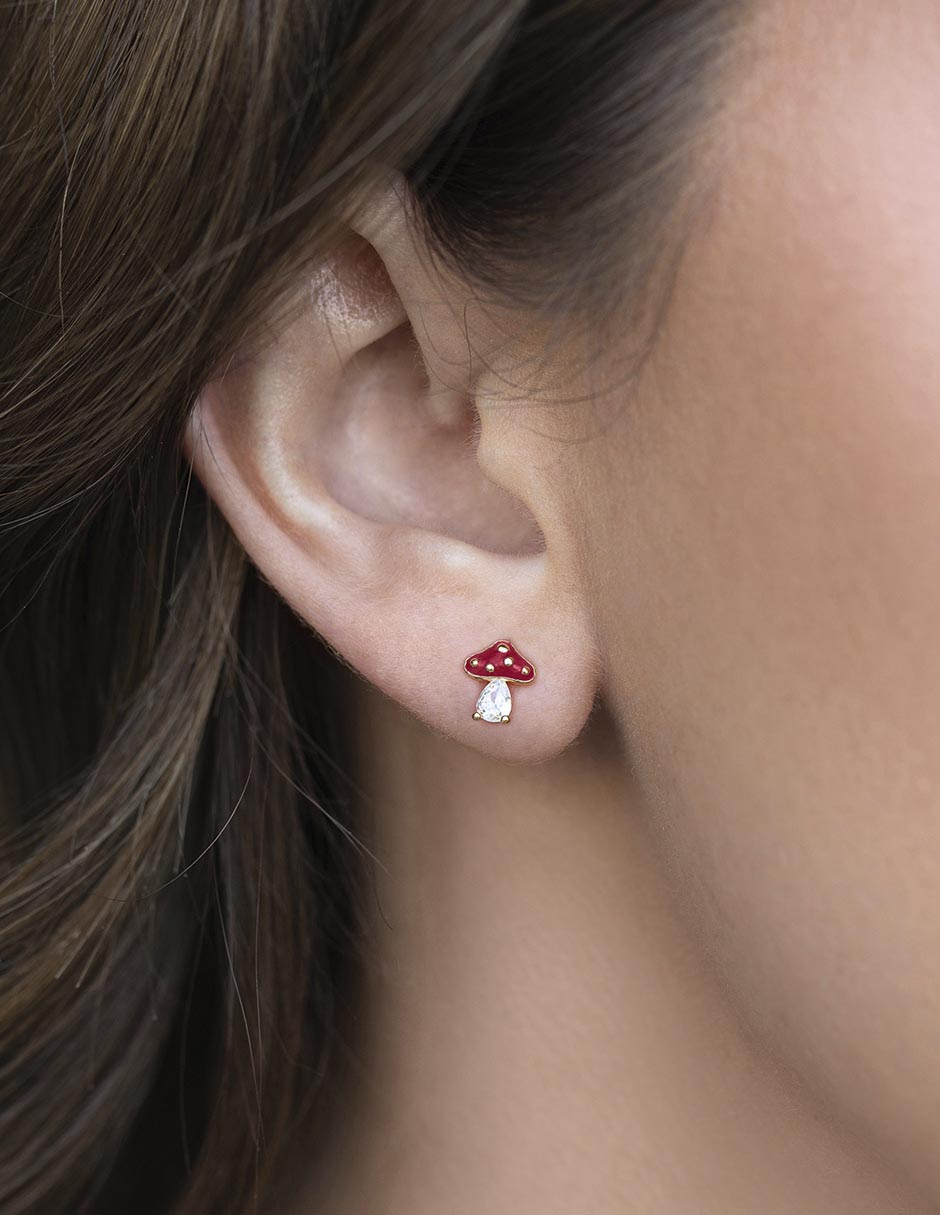 Arete corto de hongo Garden 18 K con acabado chapa de oro zirconia cúbica 3