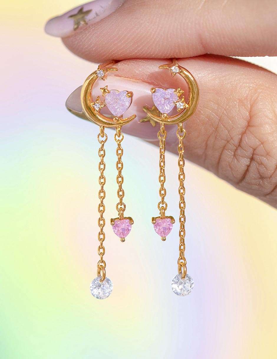 Aretes largos Cosmic Love 18 k con acabado chapa de oro zirconia cúbica 3