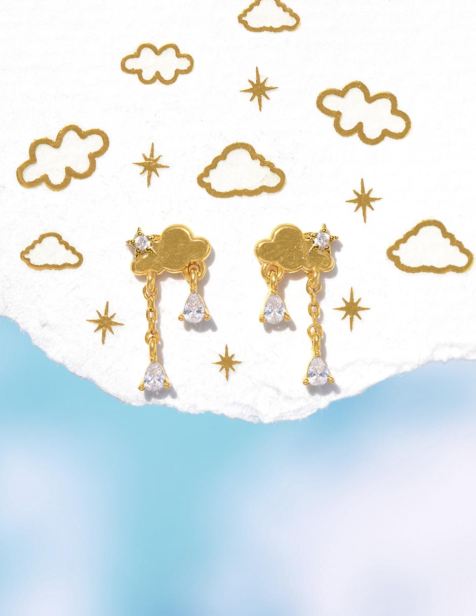 Aretes cortos de nube Raindrop Dangle con acabado chapa de oro 18 K zirconia cúbica 3