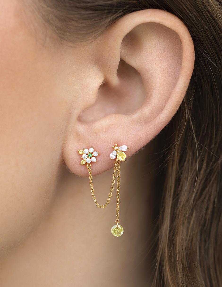 Aretes largos de flor Garden con acabado chapa de oro 18 K zirconia 2