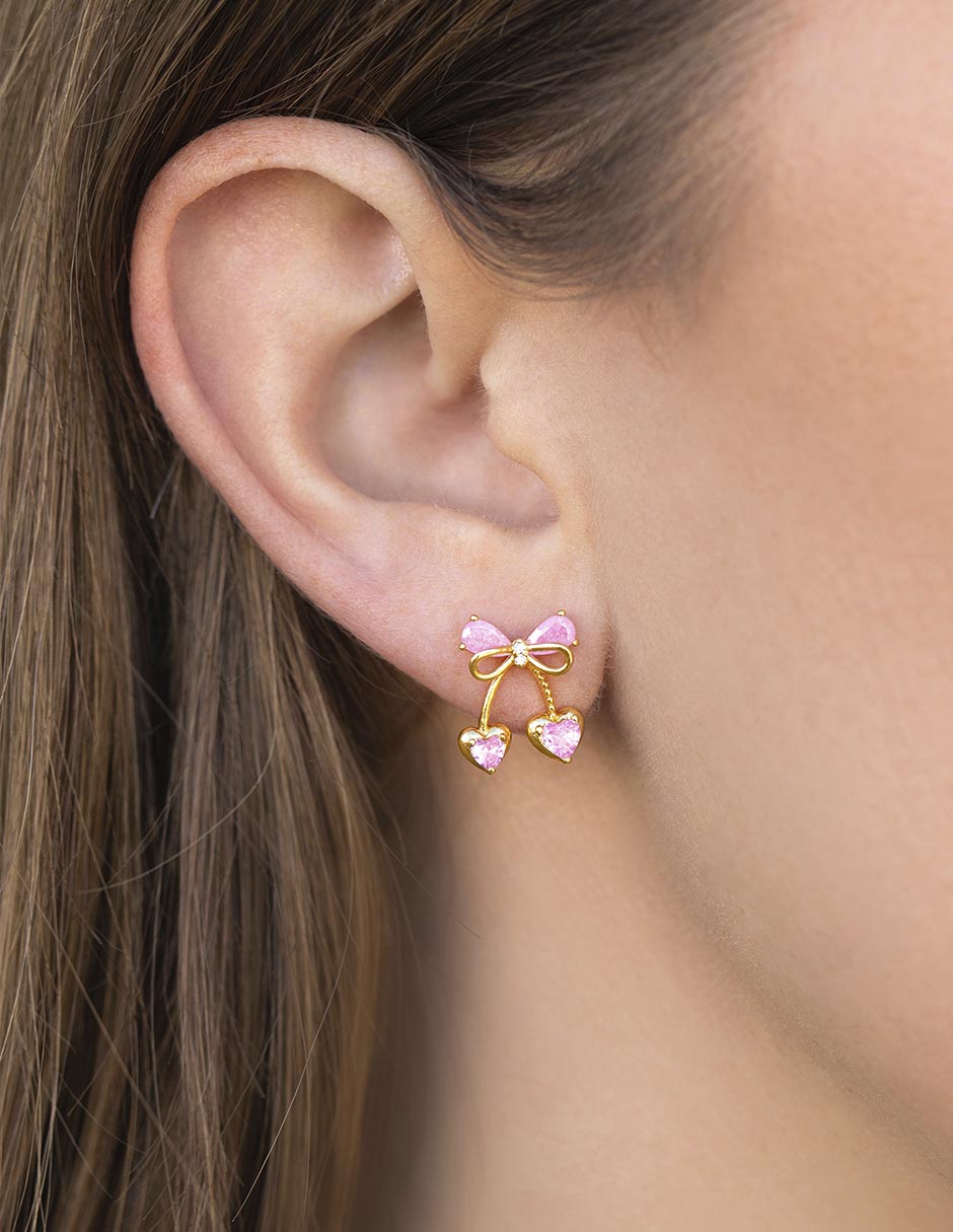 Aretes cortos de cereza Garden 18 K con acabado chapa de oro zirconia cúbica 2
