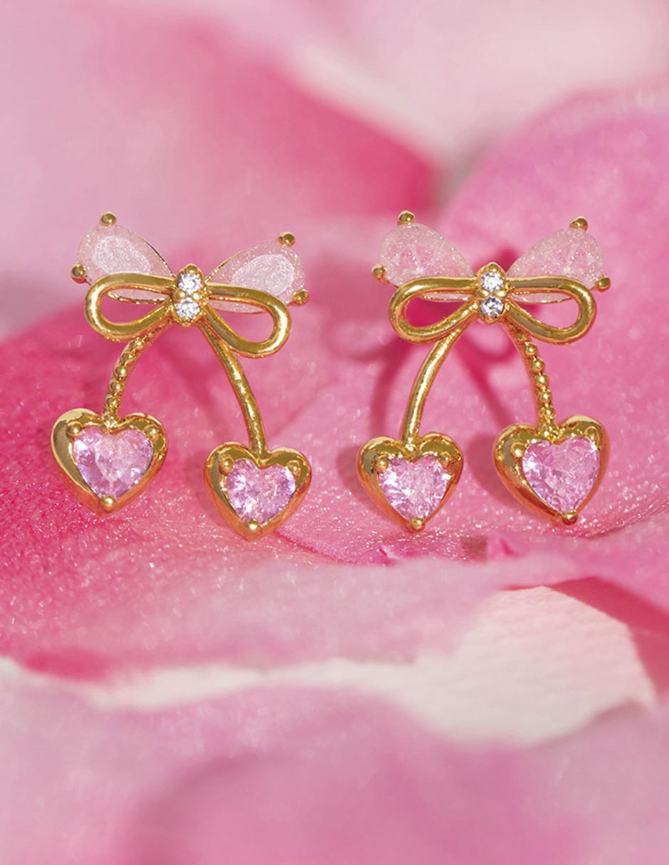 Aretes cortos de cereza Garden 18 K con acabado chapa de oro zirconia cúbica 3