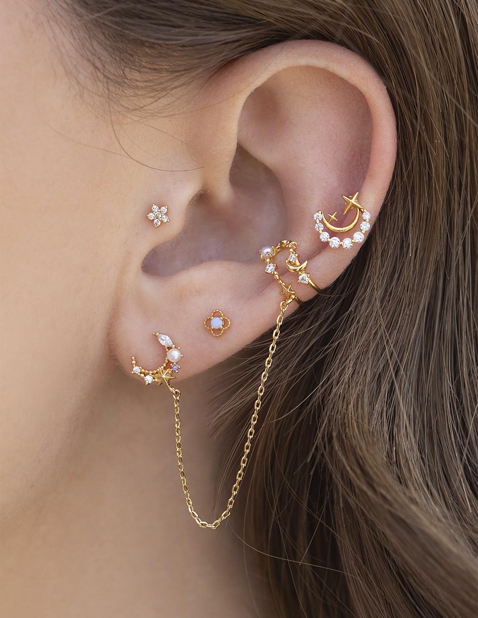 Arete largo de luna Galaxy con acabado chapa de oro 18 K zirconia cúbica 2