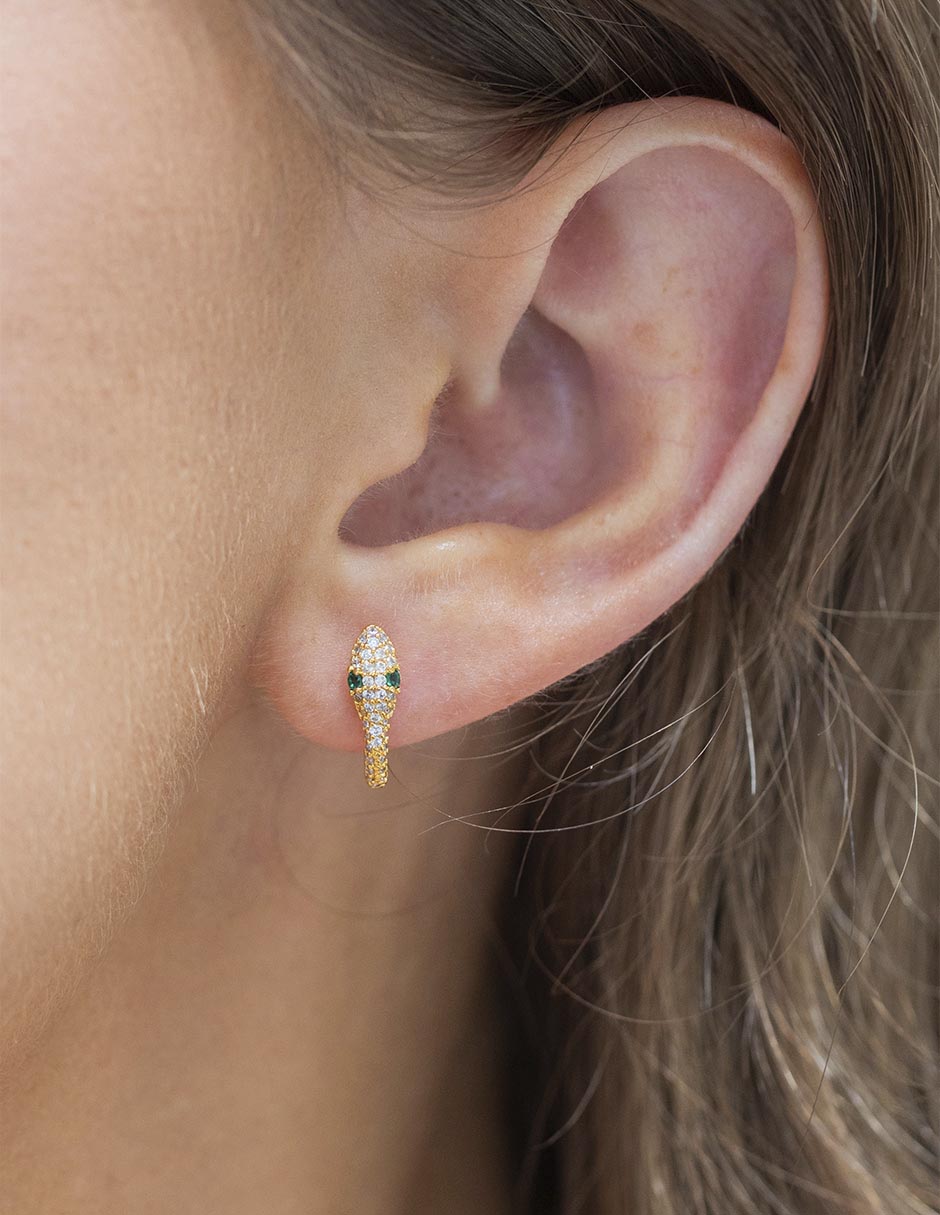 Aretes cortos de serpiente Garden con acabado chapa de oro 18 K zirconia cúbica 3
