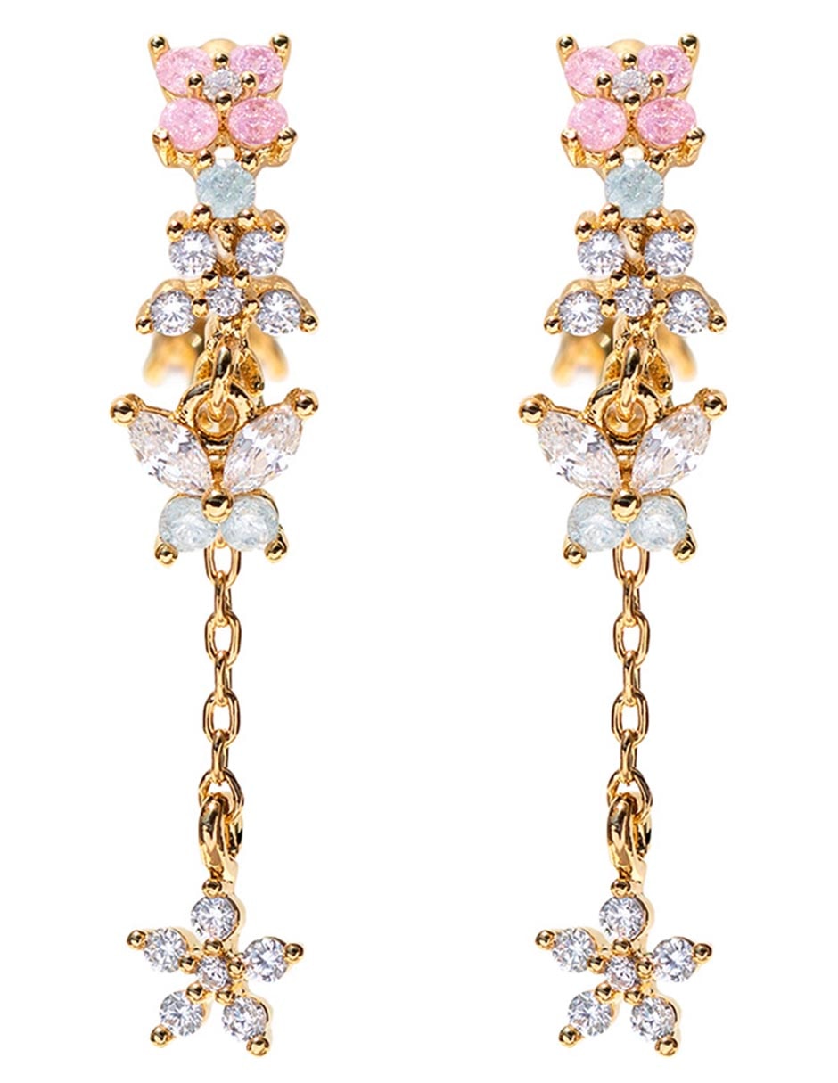 Aretes largos de flor Garden 18 k con acabado chapa de oro zirconia cúbica