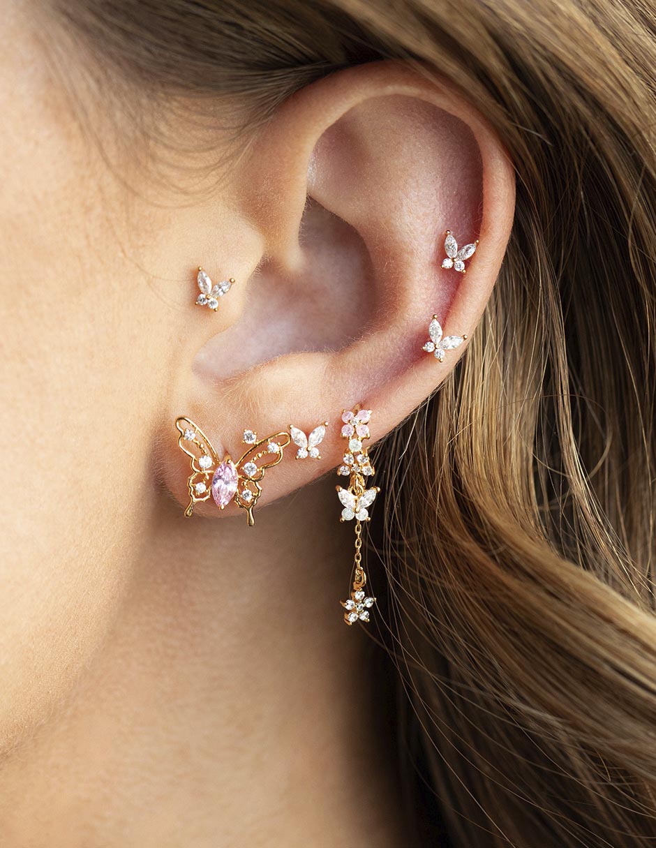 Aretes largos de flor Garden 18 k con acabado chapa de oro zirconia cúbica 2