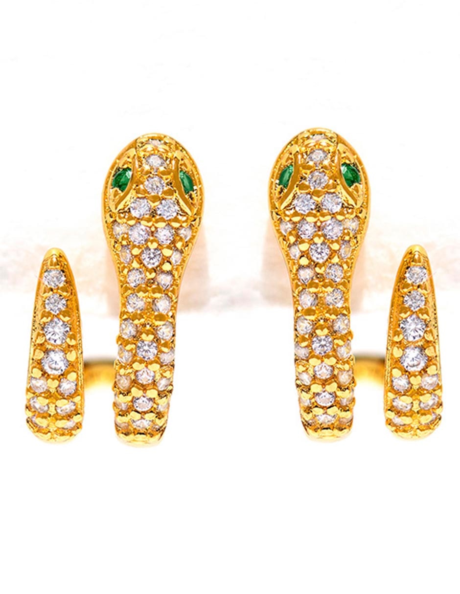 Aretes cortos Snake Pavé 18 k con acabado chapa de oro zirconia cúbica 3