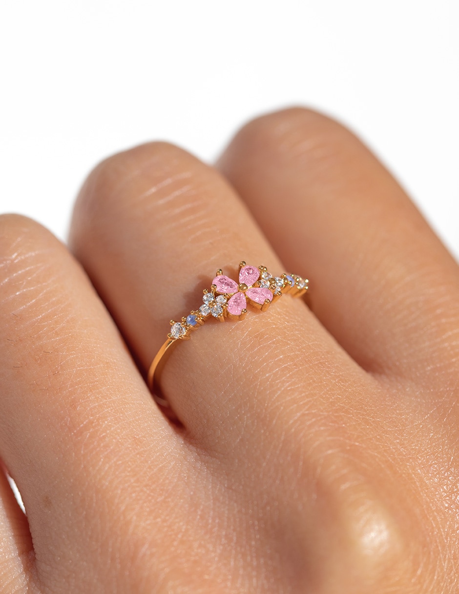 Anillo de flor zirconia cúbica chapa de oro 2