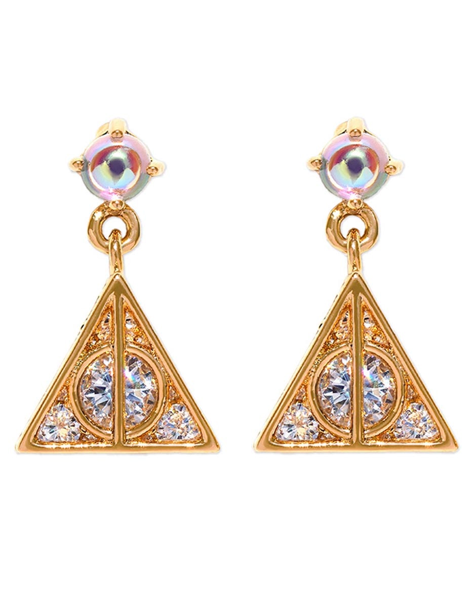 Aretes cortos Harry Potter Deathly Hallows 18 k con acabado de chapa de oro zirconia cúbica