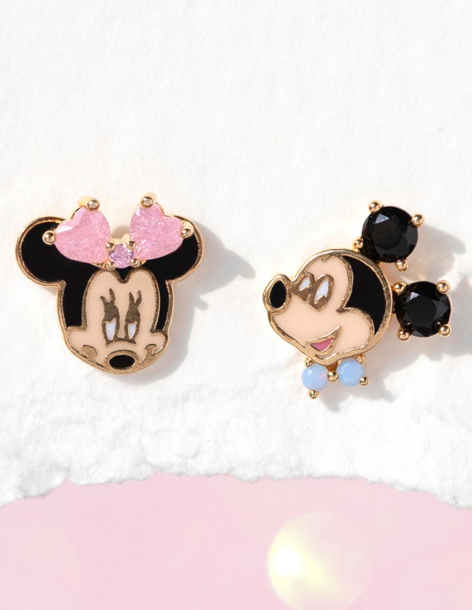 Aretes cortos Mickey & Minnie Disney con acabado chapa de oro 18 k 2
