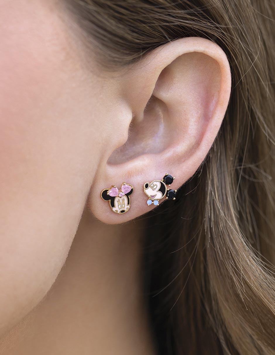 Aretes cortos Mickey & Minnie Disney con acabado chapa de oro 18 k 3