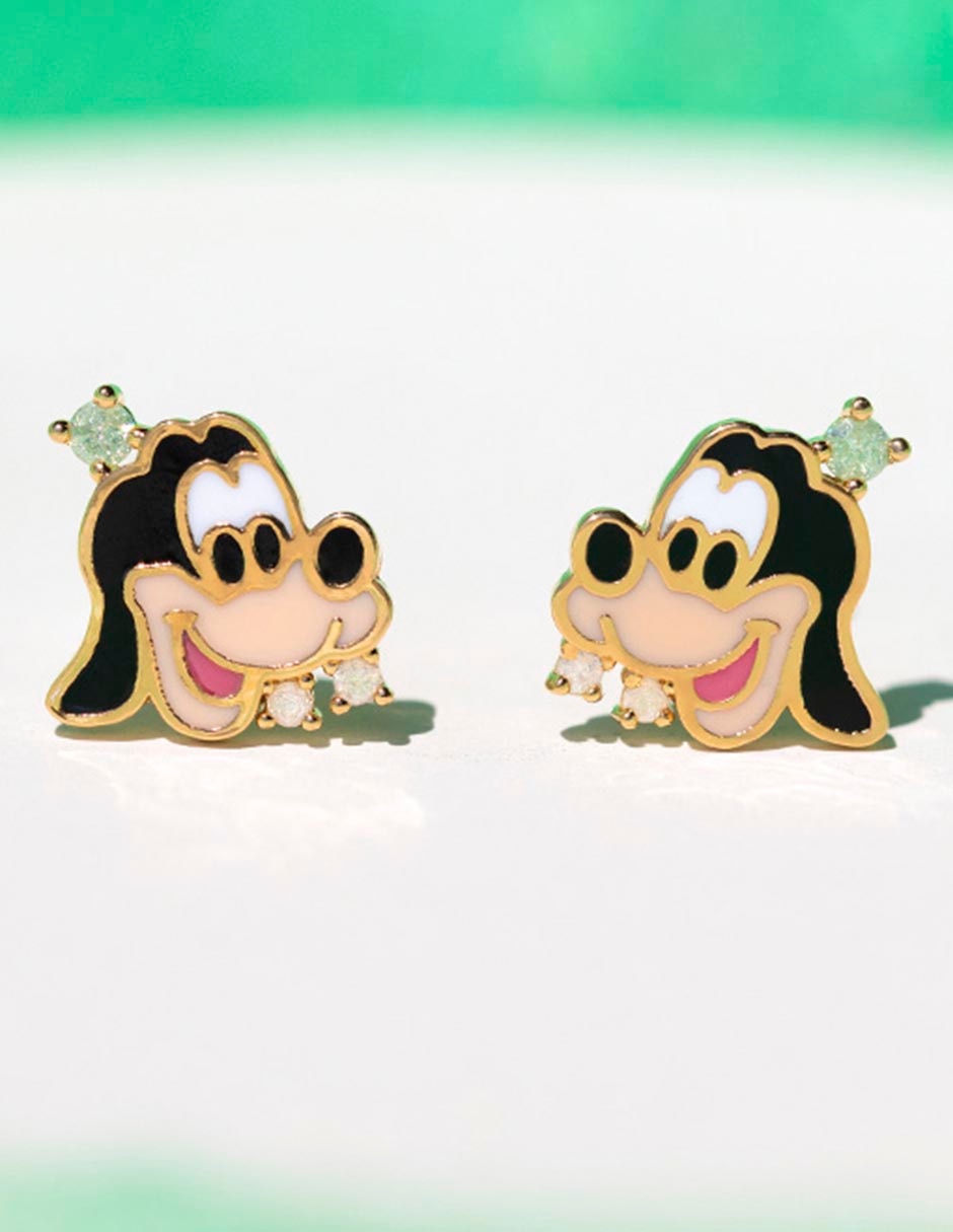 Aretes huggies Goofy Disney 18 k con acabado chapa de oro zirconia cúbica 3