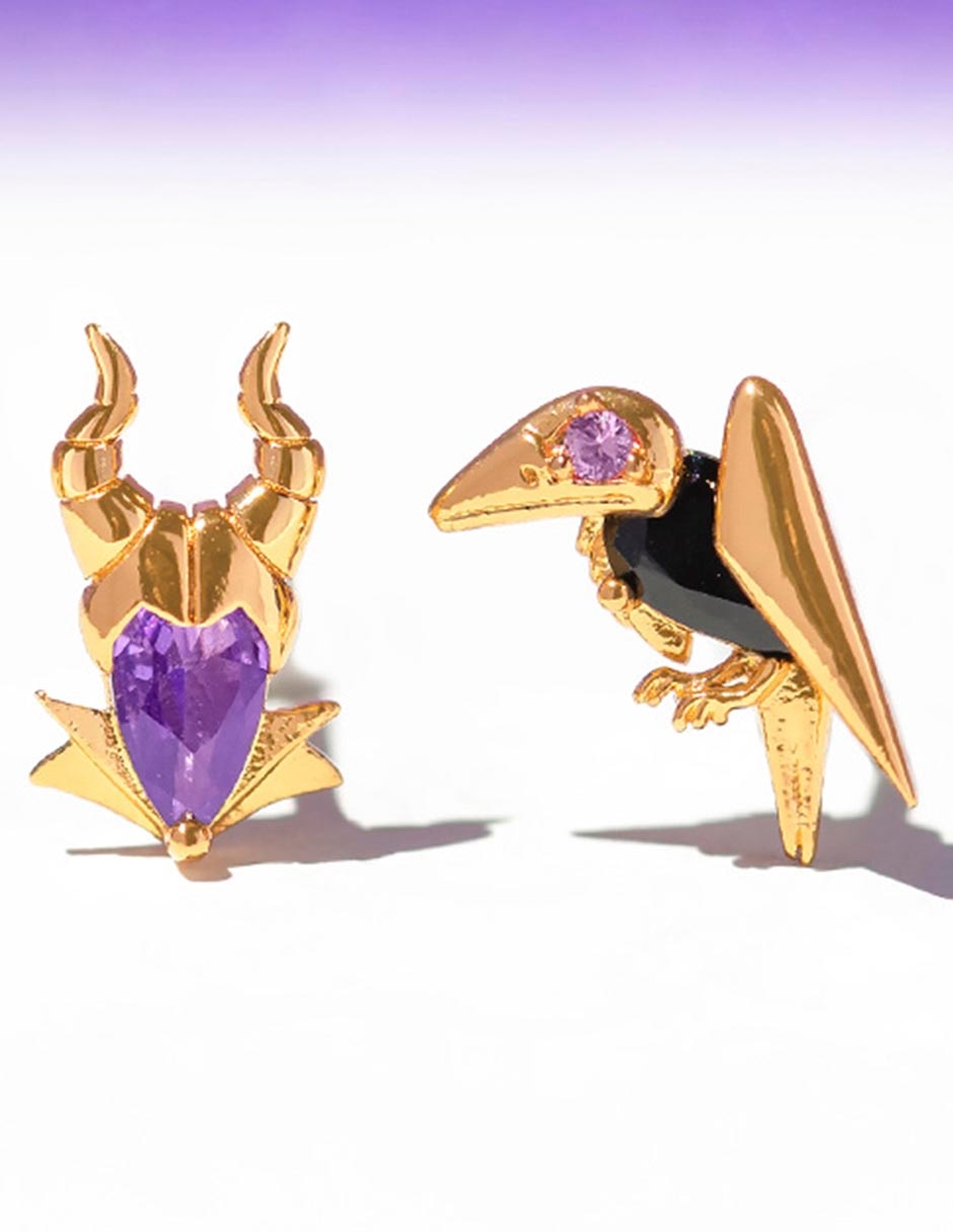 Aretes cortos Maléfica Disney con acabado chapa de oro 18 K zirconia 3