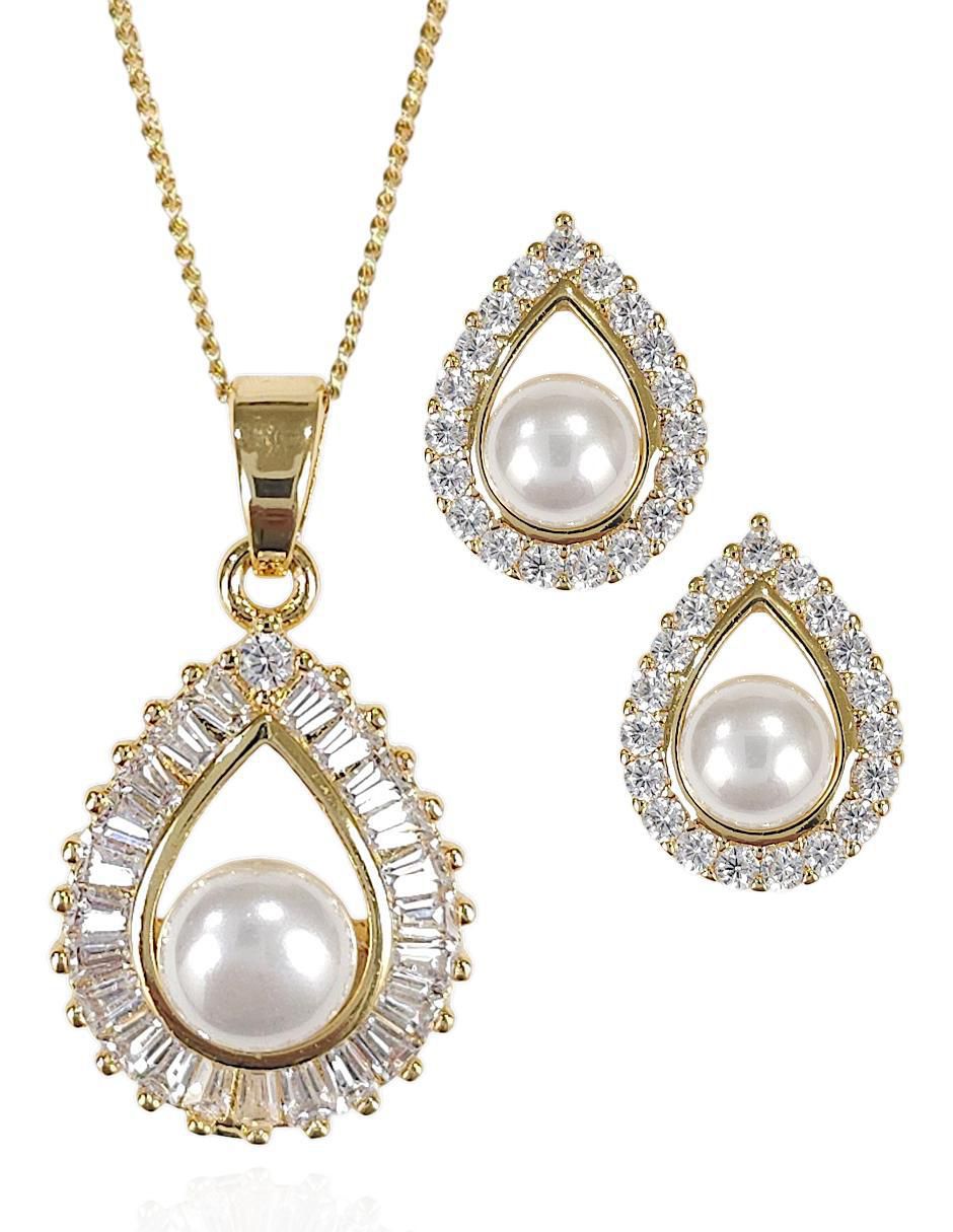 Aretes y collar baño de oro 18 k perla de cristal Aretes y collar baño de oro 18 k perla de cristal