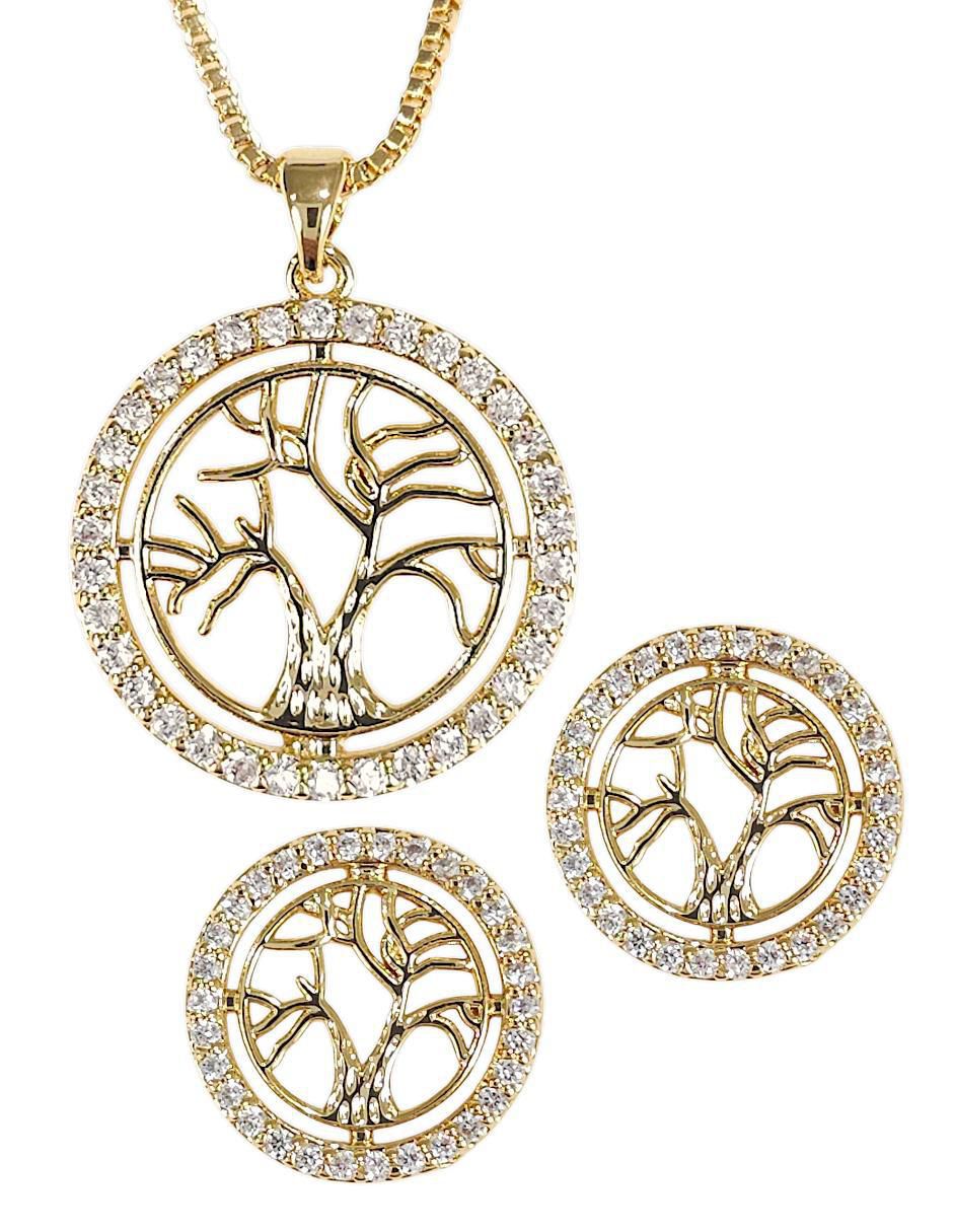 Aretes y collar circulares baño de oro 18 k zirconia