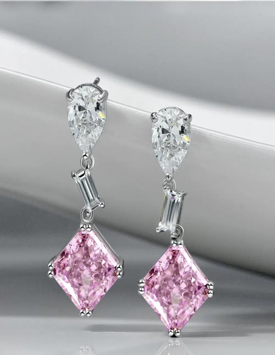 Aretes largos de rombo de plata P 925 con acabado brillante zirconia 4