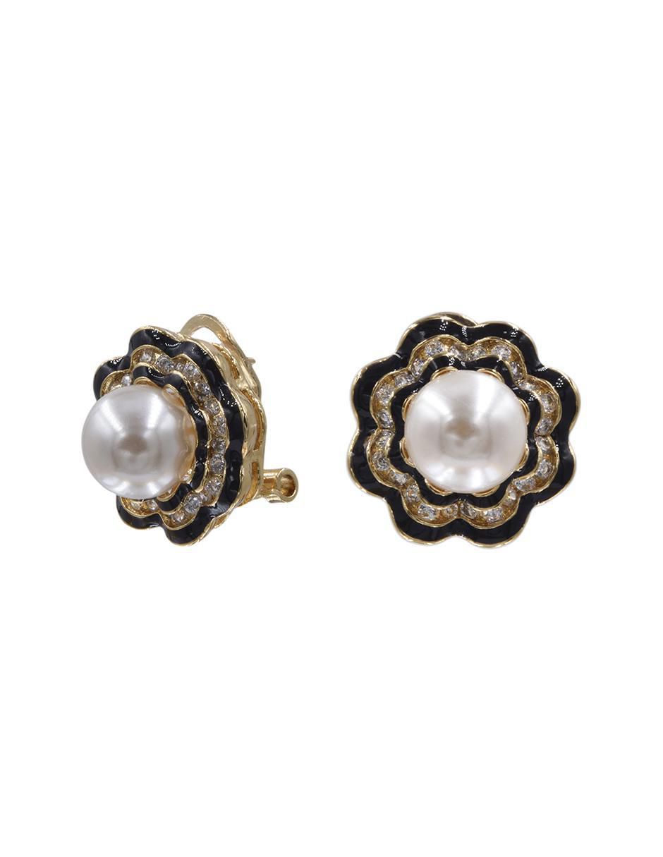 Broqueles de flor perla con zirconia de acero inoxidable con acabado chapa de oro perla 2