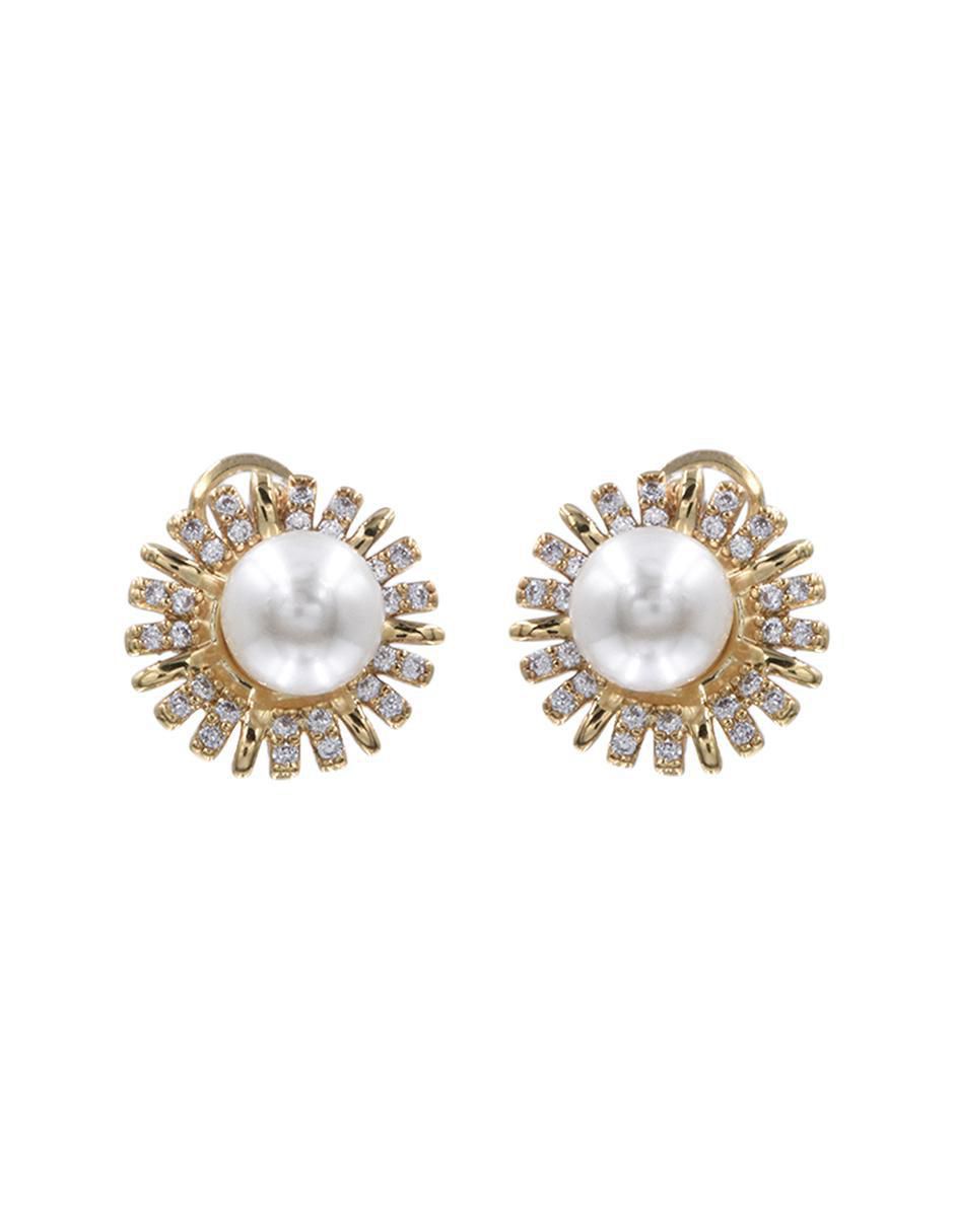 Broqueles de flor perla y zirconia de acero con acabado chapa de oro perla Broqueles de flor perla y zirconia de acero con acabado chapa de oro perla