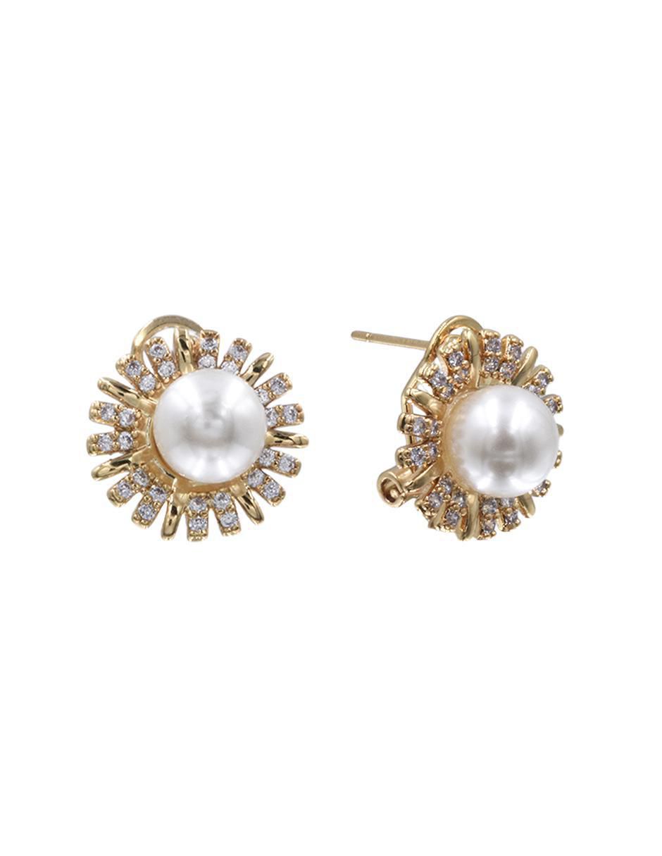 Broqueles de flor perla y zirconia de acero con acabado chapa de oro perla 2