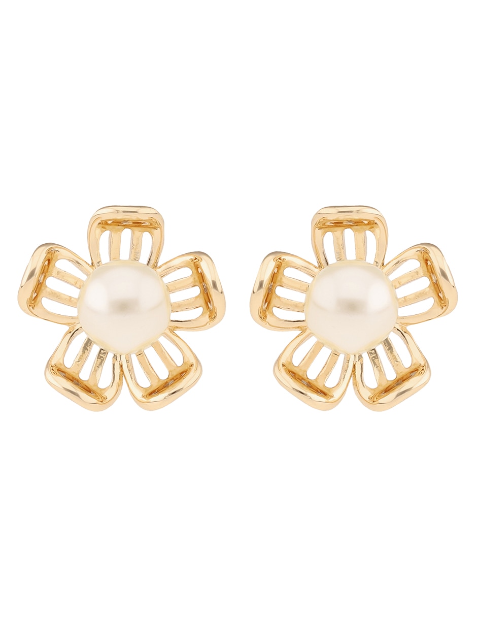 Aretes cortos de flor Basic Mtl Ears F1 con acabado brillante perla