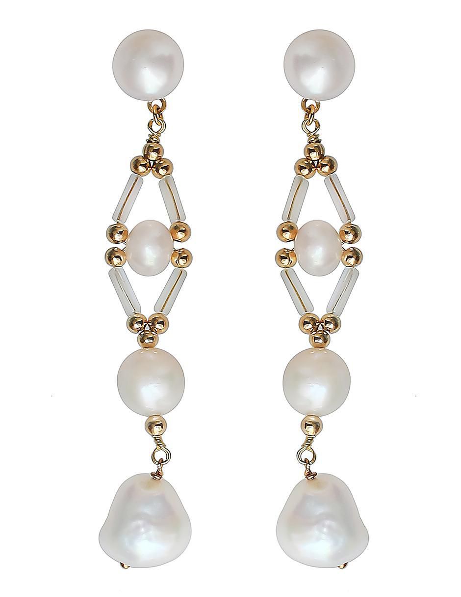 Aretes largos con acabado chapa de oro perla 14 k