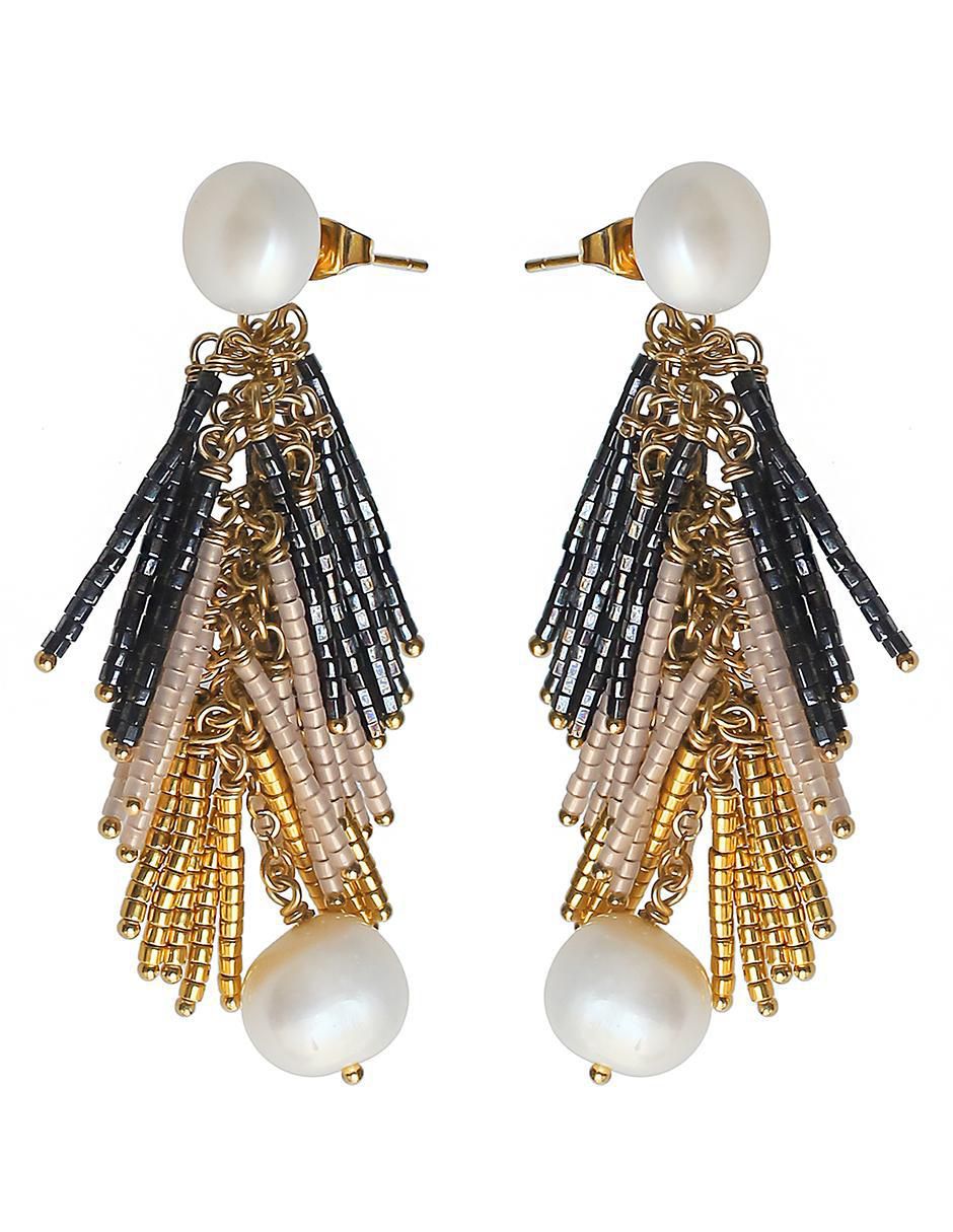 Aretes largos de borla con acabado chapa de oro 14 k perla 2