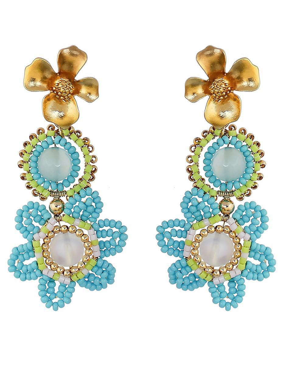 Aretes largos de flor con acabado chapa de oro jade