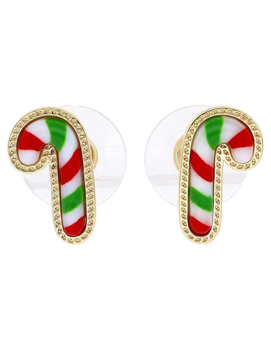 Aretes cortos navideño de bastón con acabado baño de oro 14 K madre perla Aretes cortos navideño de bastón con acabado baño de oro 14 K madre perla