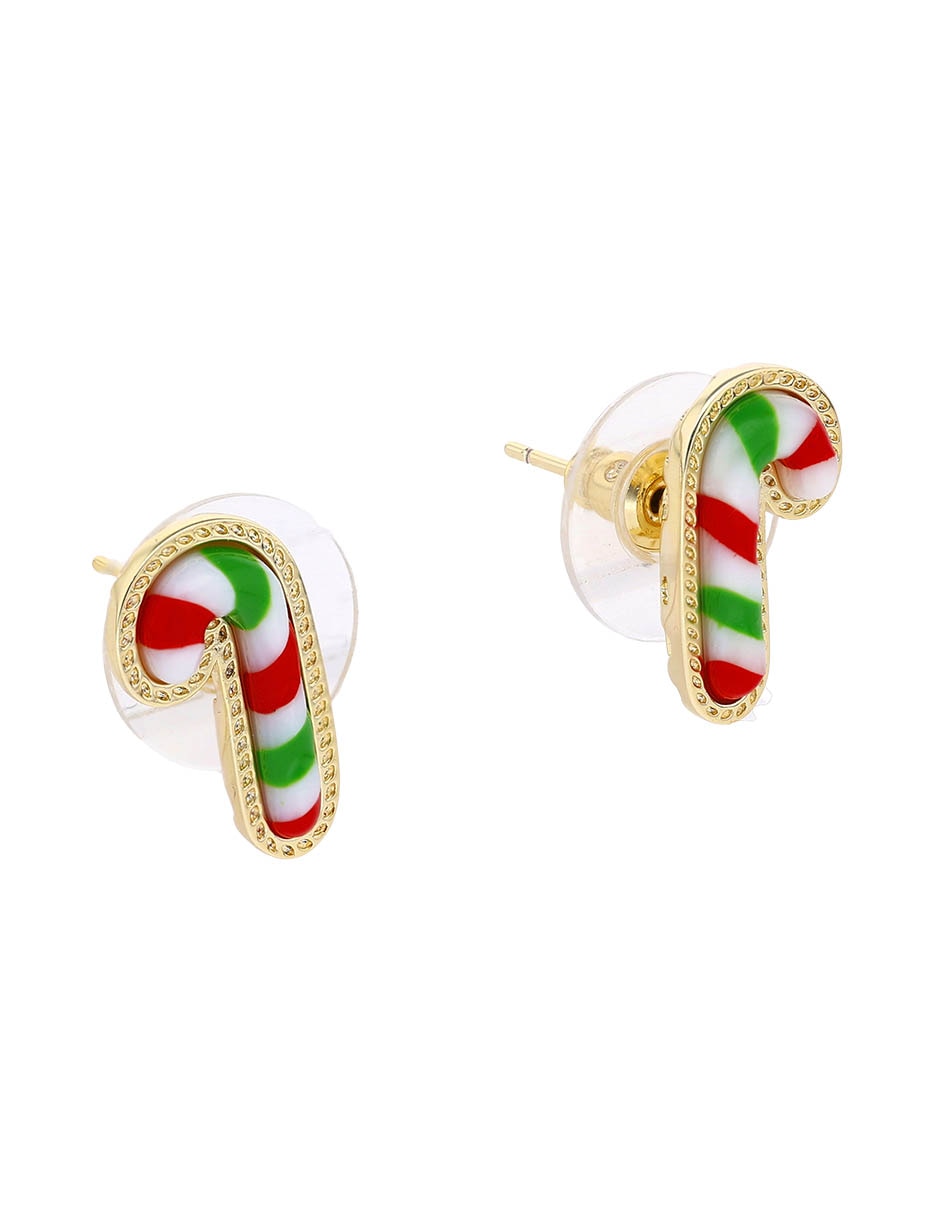 Aretes cortos navideño de bastón con acabado baño de oro 14 K madre perla 2